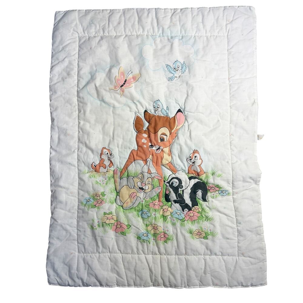 Vintage 1990s Dundee Disney Bambi & Friends Baby Crib Quilt Blanket USA 42"